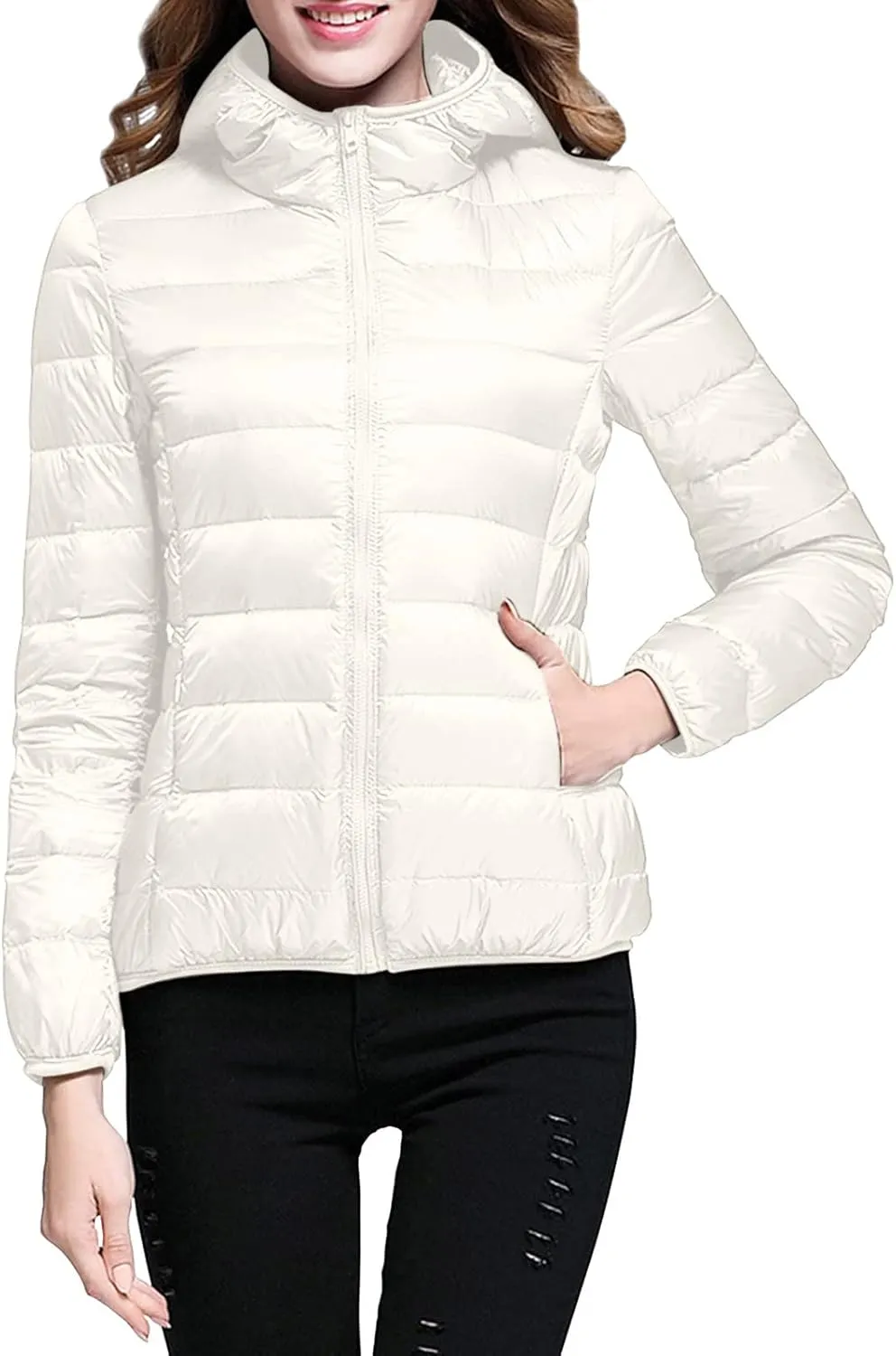 2024 Women's Hooded Packable Puffer Jackets Winter Lightweight Warm Down Coats Trendy Slim Fit Windproof Duck Down Outwear