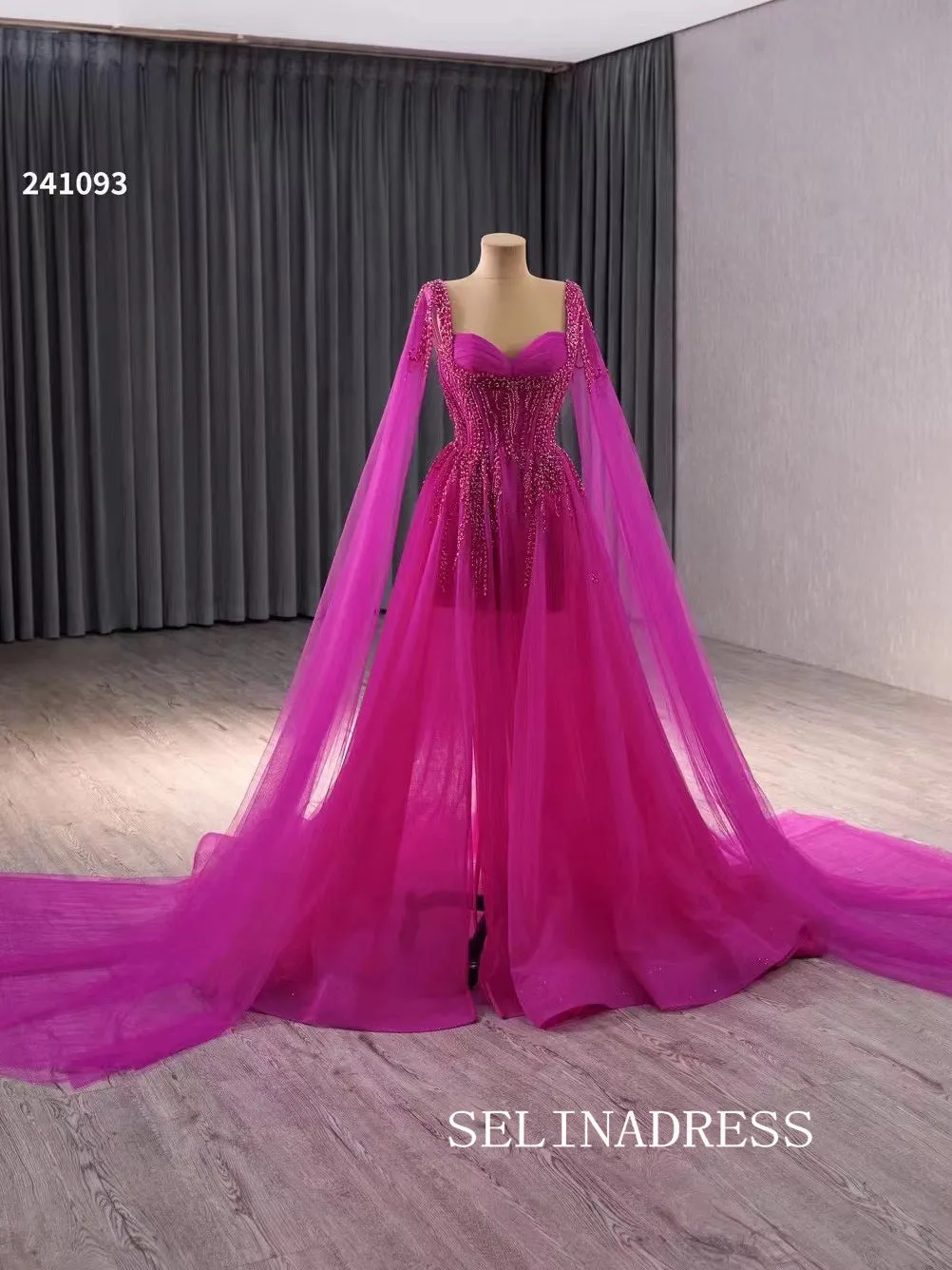 A-line Fuchsia Beaded Prom Dress Luxury Evening Gown Wedding Dress 241093