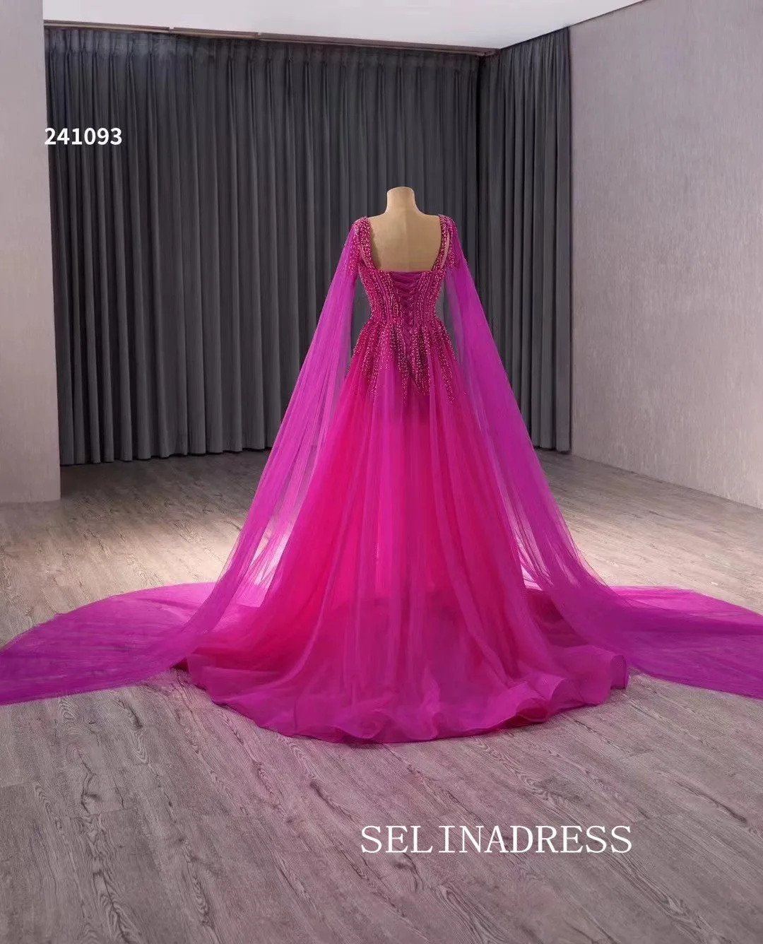A-line Fuchsia Beaded Prom Dress Luxury Evening Gown Wedding Dress 241093