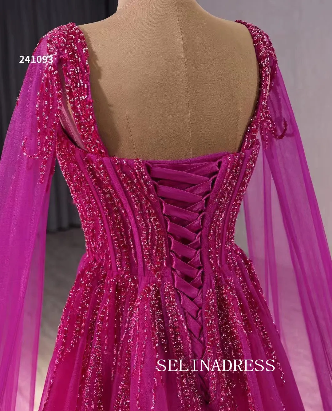A-line Fuchsia Beaded Prom Dress Luxury Evening Gown Wedding Dress 241093