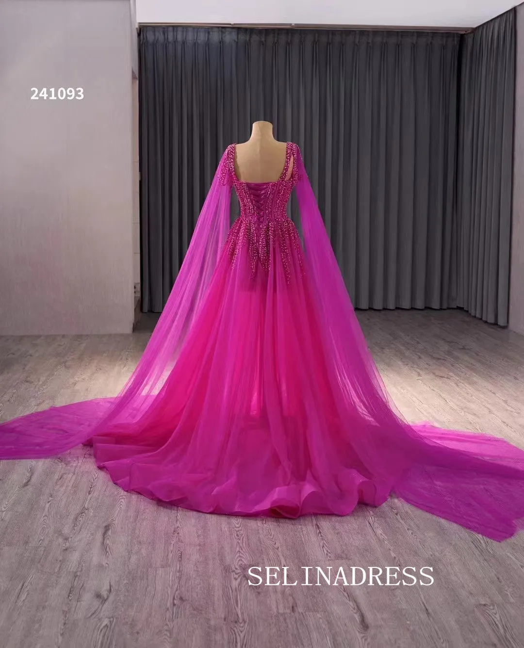 A-line Fuchsia Beaded Prom Dress Luxury Evening Gown Wedding Dress 241093
