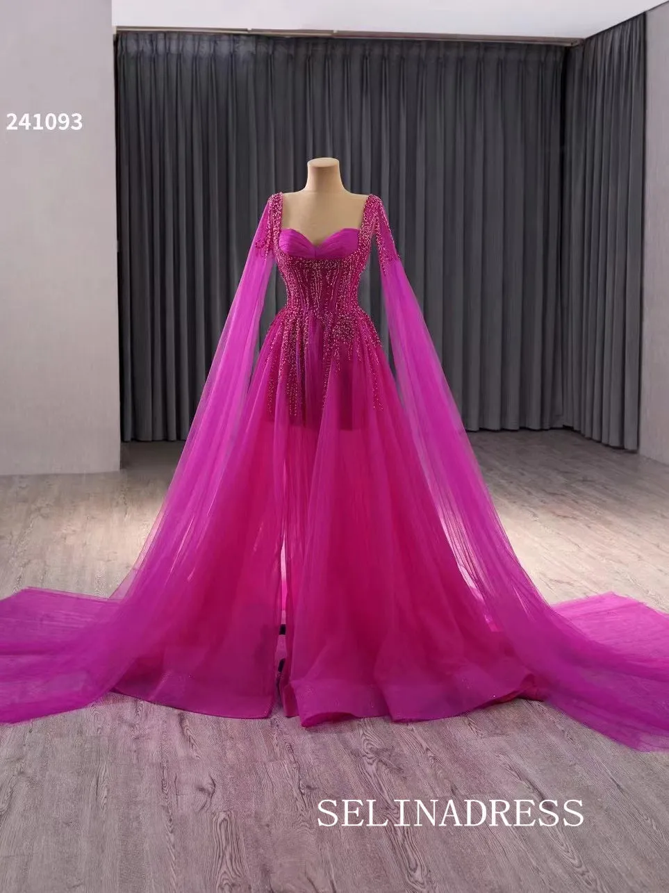 A-line Fuchsia Beaded Prom Dress Luxury Evening Gown Wedding Dress 241093
