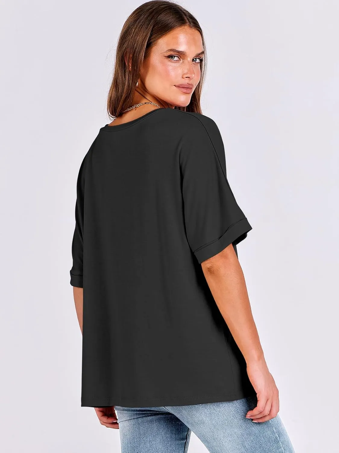 ANRABESS Women's Oversized T Shirts Short Sleeve V Neck Summer Tops Casual Loose Basic Plain Tee Shirts 2025 Clothes Outfits