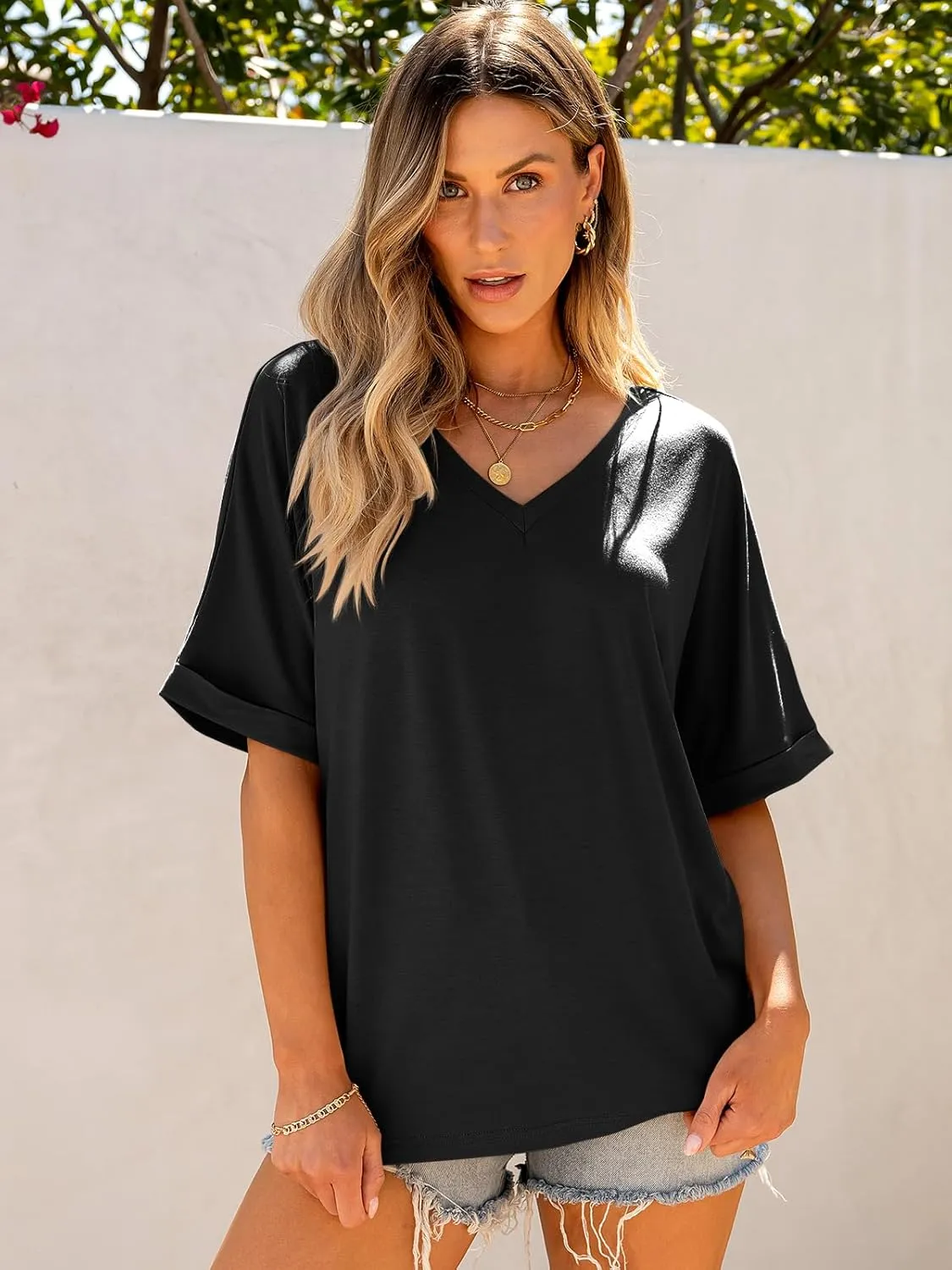 ANRABESS Women's Oversized T Shirts Short Sleeve V Neck Summer Tops Casual Loose Basic Plain Tee Shirts 2025 Clothes Outfits