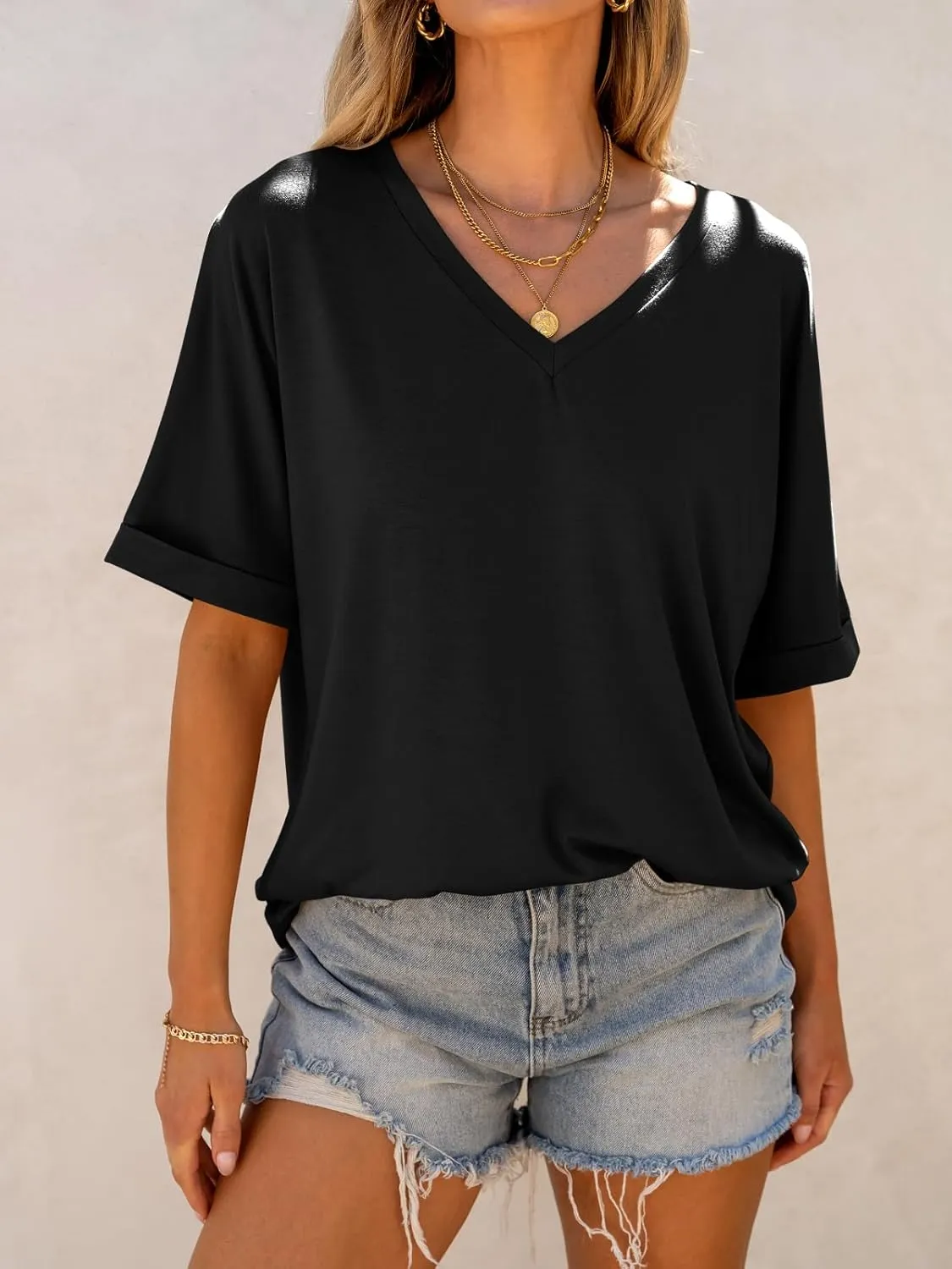 ANRABESS Women's Oversized T Shirts Short Sleeve V Neck Summer Tops Casual Loose Basic Plain Tee Shirts 2025 Clothes Outfits