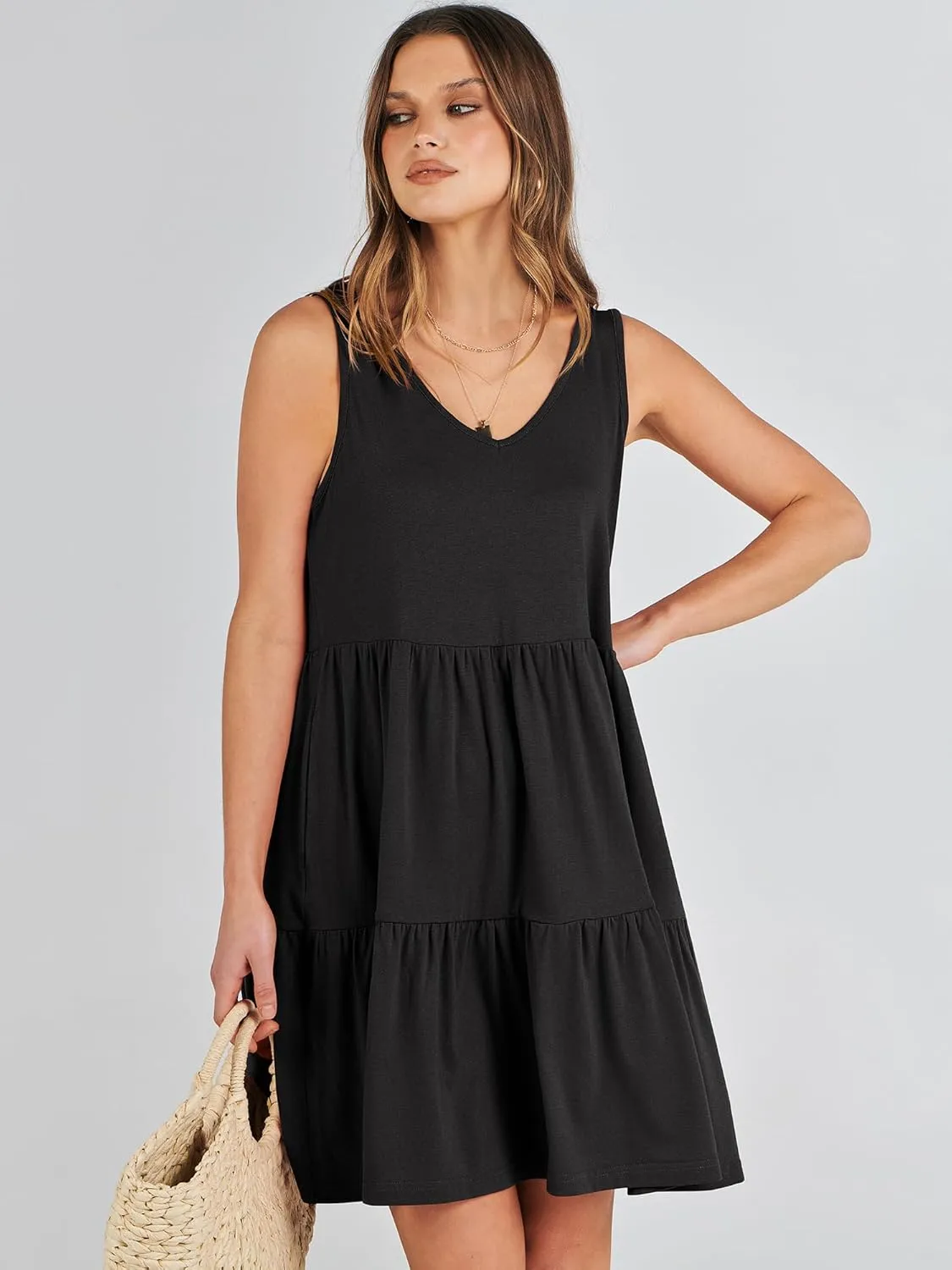 ANRABESS Womens Summer Casual Tank Dress Sleeveless V Neck T Shirt Sundress Flowy Tiered Swing Mini Beach Vacation Dresses