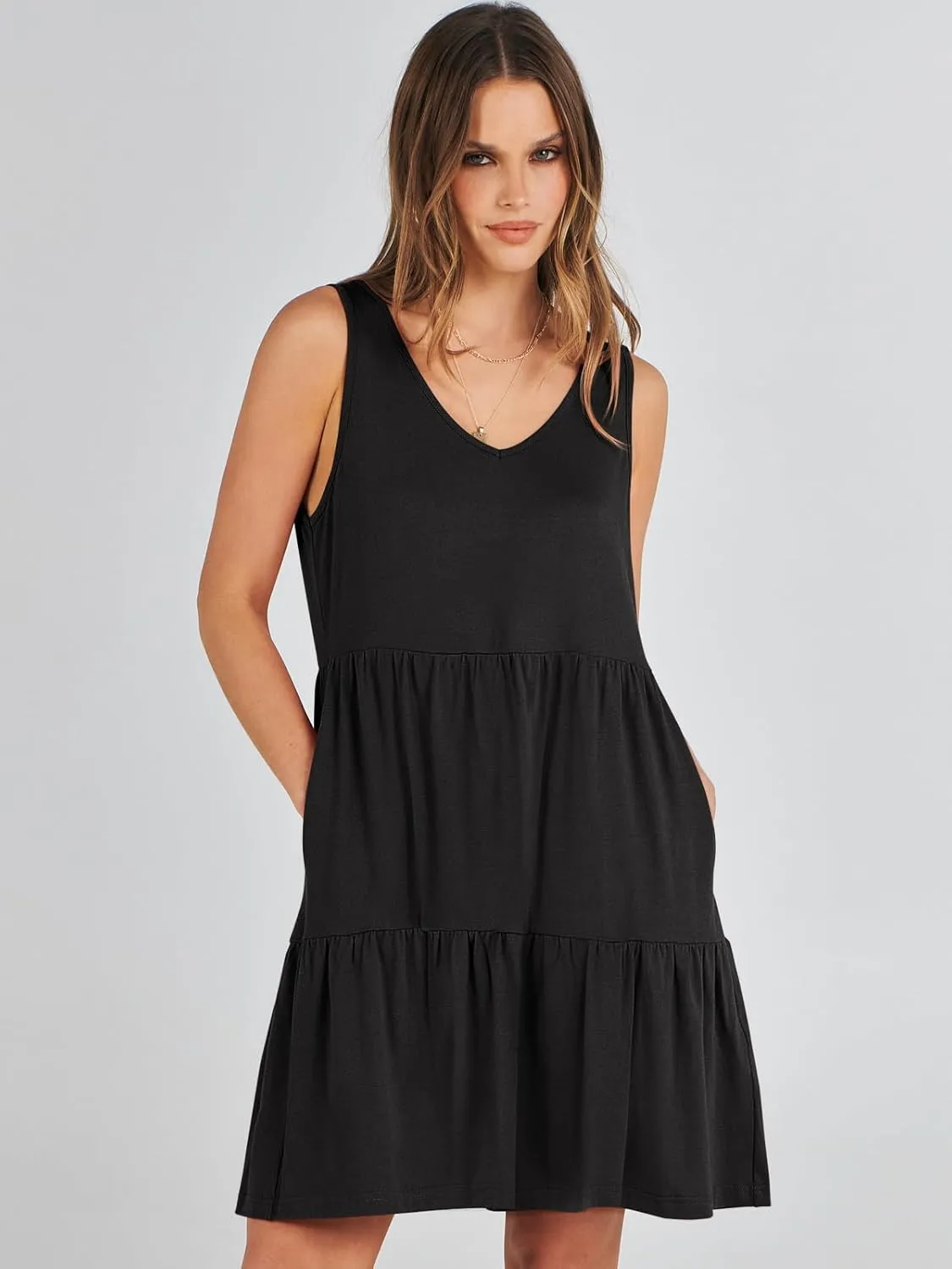 ANRABESS Womens Summer Casual Tank Dress Sleeveless V Neck T Shirt Sundress Flowy Tiered Swing Mini Beach Vacation Dresses