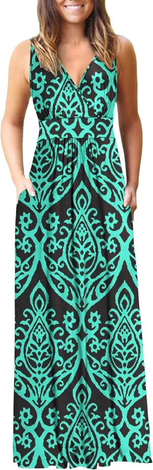 AUSELILY Women's Sleeveless Formal Dress Deep V Neck Loose Plain Cocktail Long Maxi Dresses with Pockets 2025 New