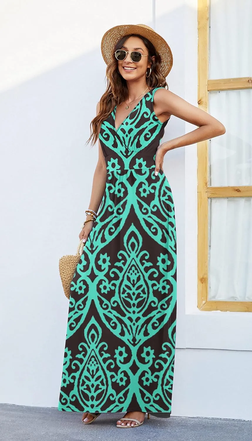 AUSELILY Women's Sleeveless Formal Dress Deep V Neck Loose Plain Cocktail Long Maxi Dresses with Pockets 2025 New