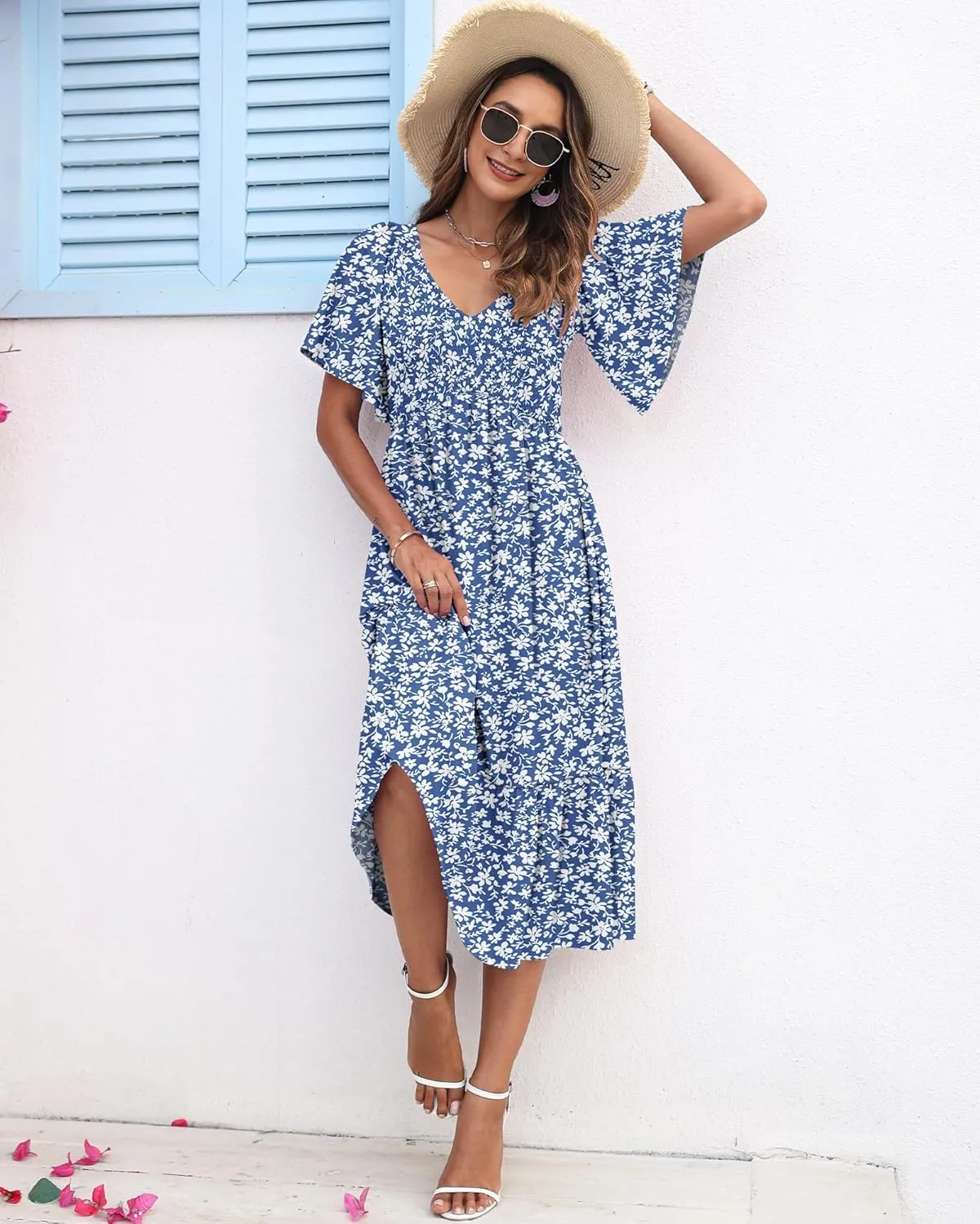 AUSELILY Women's Summer Empire Waist Dress Smocked Flutter Short Sleeve V Neck Midi Dresses 2025 New