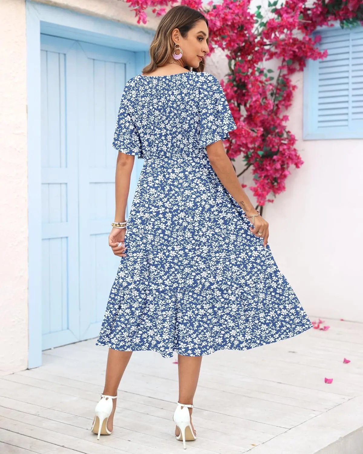 AUSELILY Women's Summer Empire Waist Dress Smocked Flutter Short Sleeve V Neck Midi Dresses 2025 New