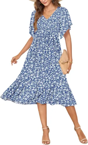 AUSELILY Women's Summer Empire Waist Dress Smocked Flutter Short Sleeve V Neck Midi Dresses 2025 New
