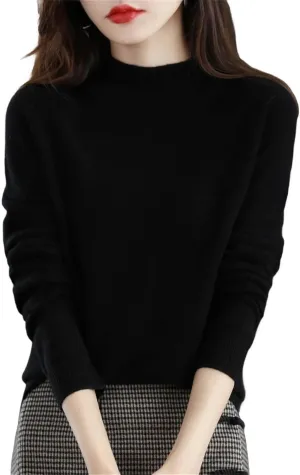 Autumn Winter Solid Mock-Neck Pullover Sweater for Women Merino Wool Casual Cashmere Knitwear Female Basic Tops