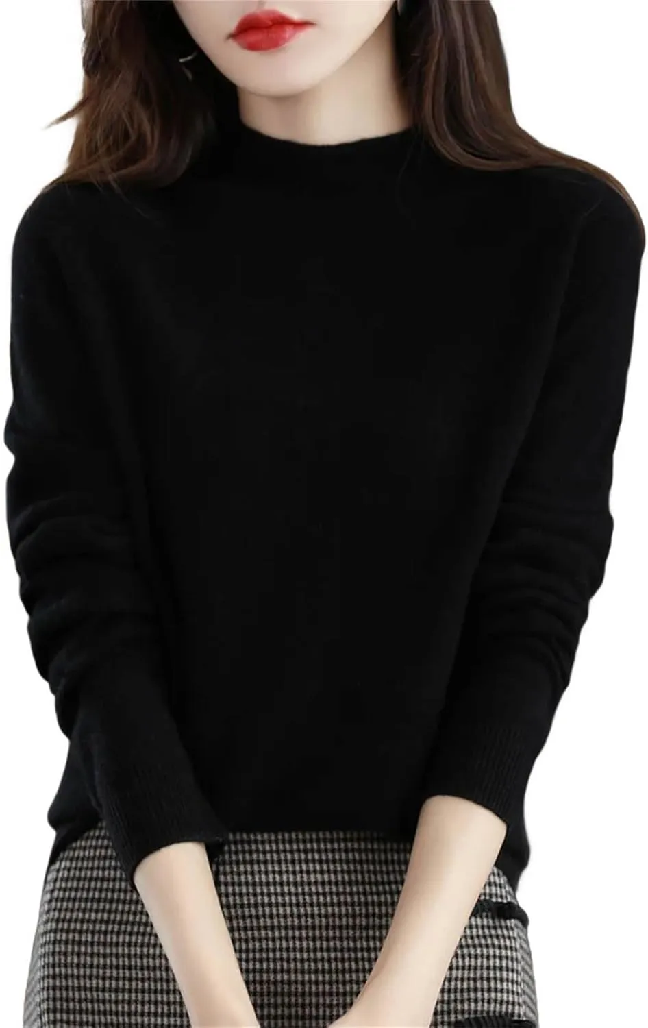 Autumn Winter Solid Mock-Neck Pullover Sweater for Women Merino Wool Casual Cashmere Knitwear Female Basic Tops