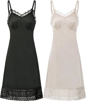 Belle Poque Lace Full Slips for Women Under Dresses Adjustable Spaghetti Strap Cami Dress 2 Pack