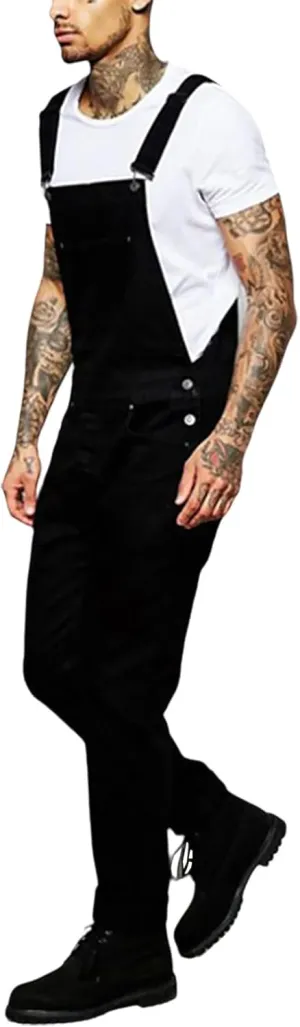 Denim Overalls for Men Distressed Straight Leg Jean Bib Overall Cozy Rugged Loose Adjustable Black Jean Jumpsuits