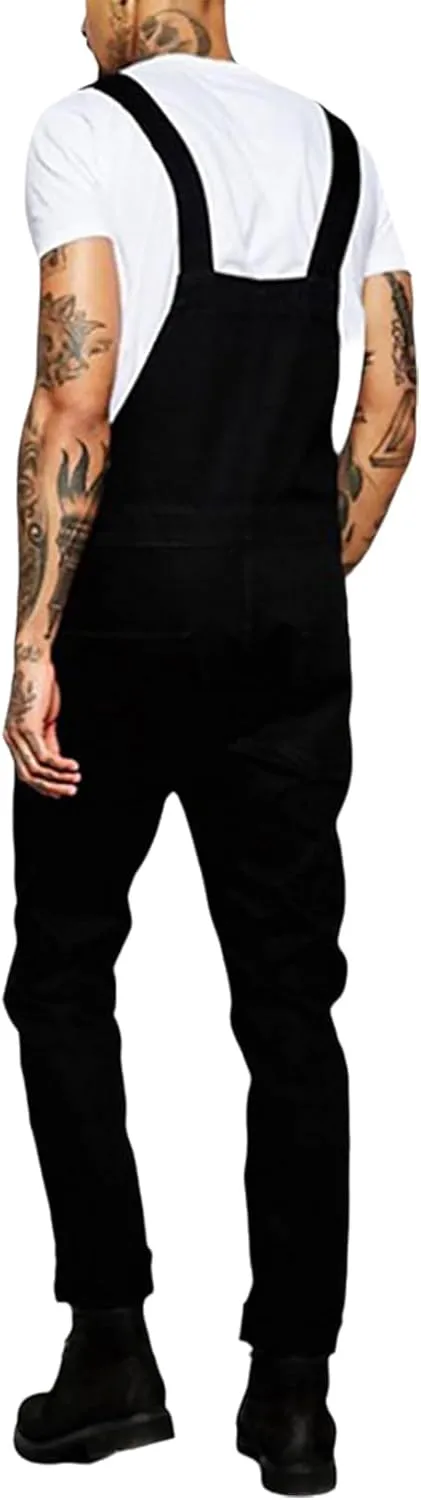 Denim Overalls for Men Distressed Straight Leg Jean Bib Overall Cozy Rugged Loose Adjustable Black Jean Jumpsuits