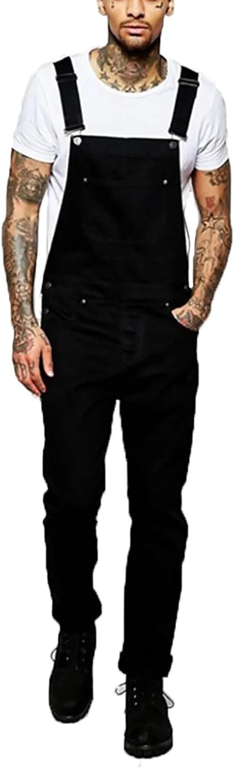 Denim Overalls for Men Distressed Straight Leg Jean Bib Overall Cozy Rugged Loose Adjustable Black Jean Jumpsuits