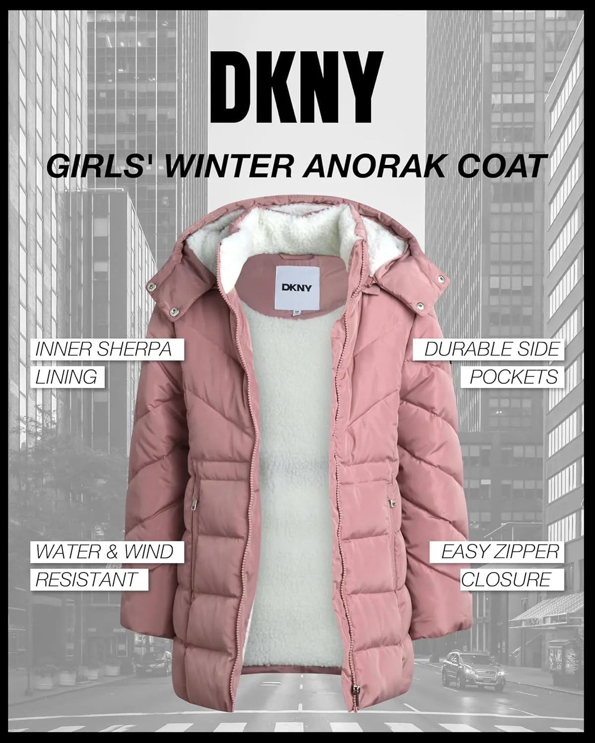 DKNY Girls Winter Coat  Heavyweight Anorak Puffer Coat with Cinched Waist  Sherpa Lined Insulated Jacket for Girls (4-16)