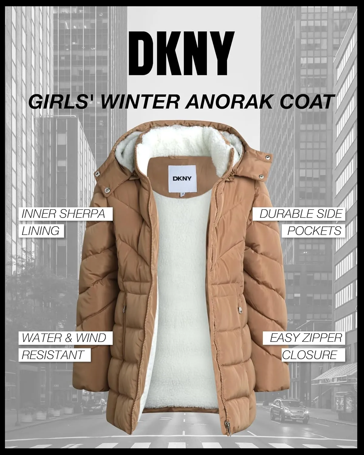 DKNY Girls Winter Coat  Heavyweight Anorak Puffer Coat with Cinched Waist  Sherpa Lined Insulated Jacket for Girls (4-16)