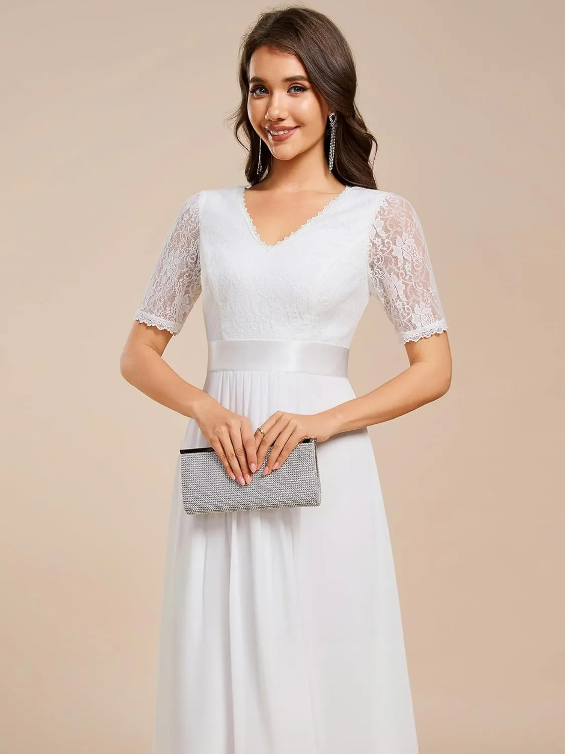 Ever-Pretty Women's V Neck Lace Chiffon Half Sleeves A Line Hi-Lo Wedding Guest Dresses 04489