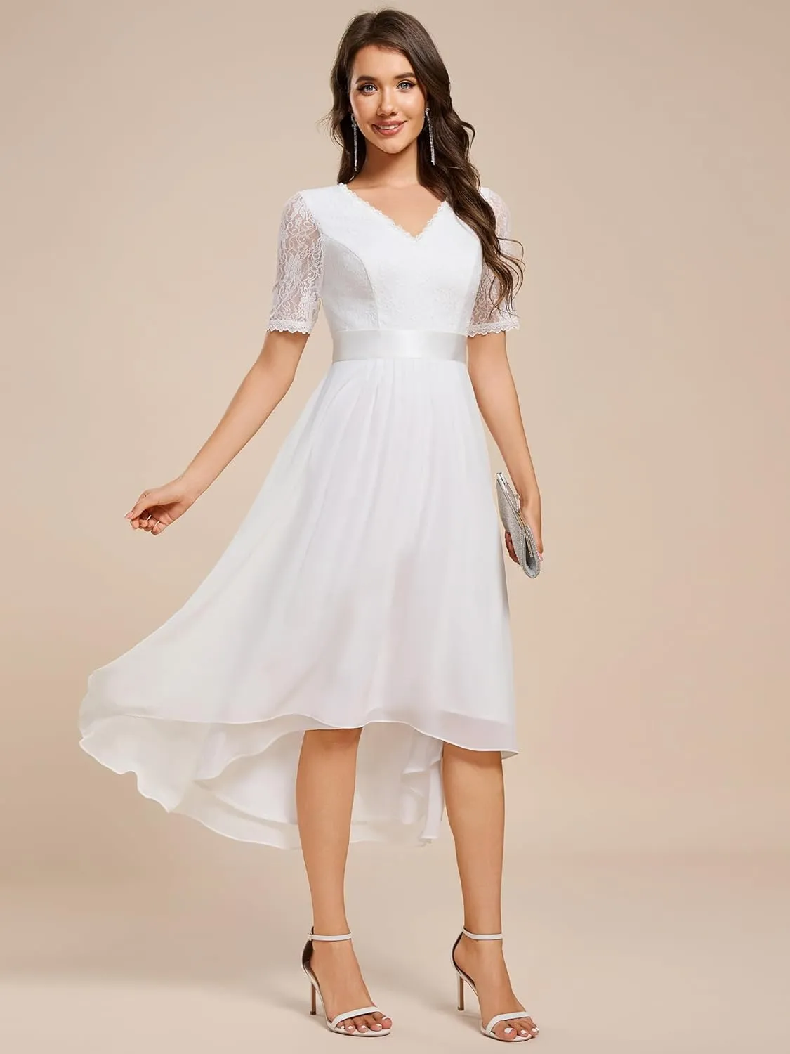 Ever-Pretty Women's V Neck Lace Chiffon Half Sleeves A Line Hi-Lo Wedding Guest Dresses 04489