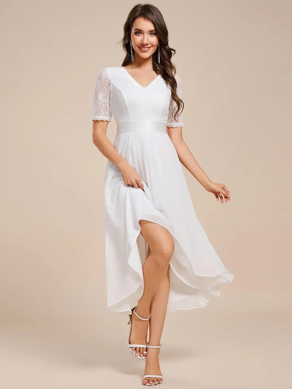 Ever-Pretty Women's V Neck Lace Chiffon Half Sleeves A Line Hi-Lo Wedding Guest Dresses 04489