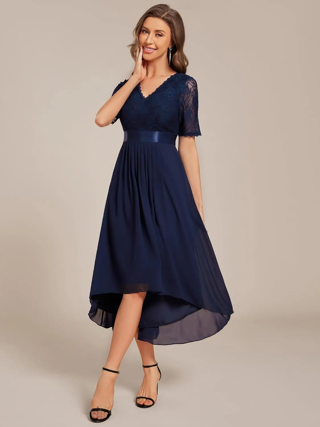 Ever-Pretty Women's V Neck Lace Chiffon Half Sleeves A Line Hi-Lo Wedding Guest Dresses 04489