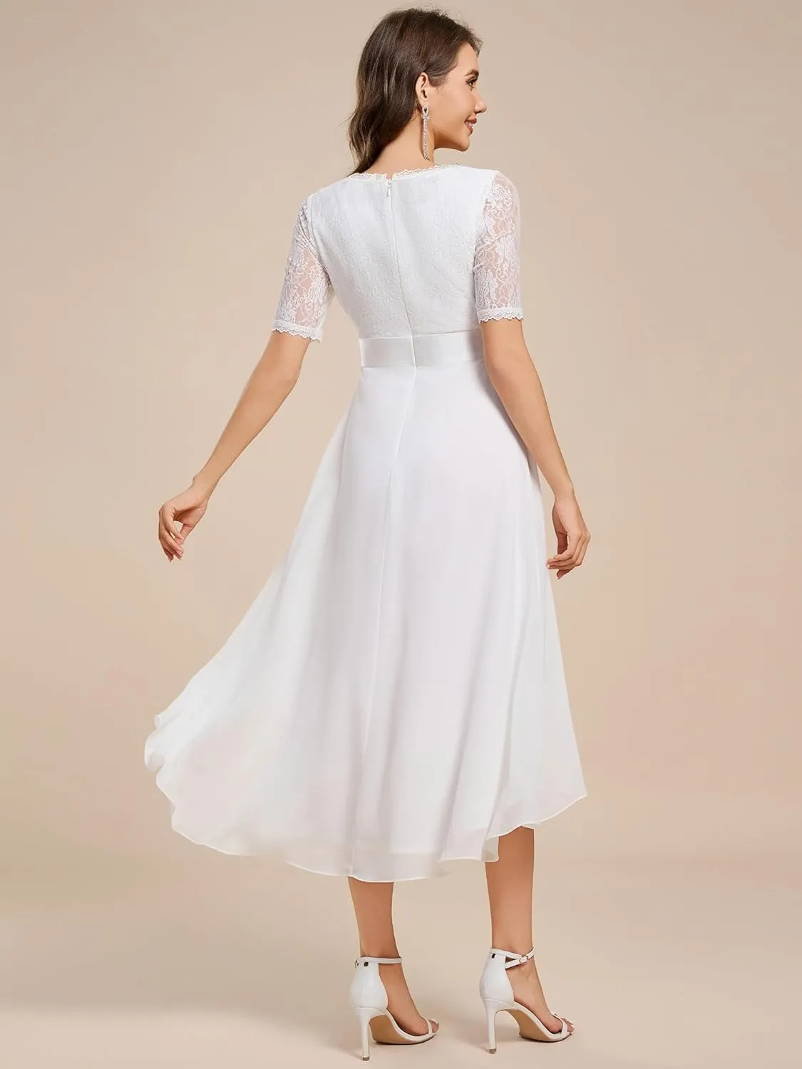 Ever-Pretty Women's V Neck Lace Chiffon Half Sleeves A Line Hi-Lo Wedding Guest Dresses 04489