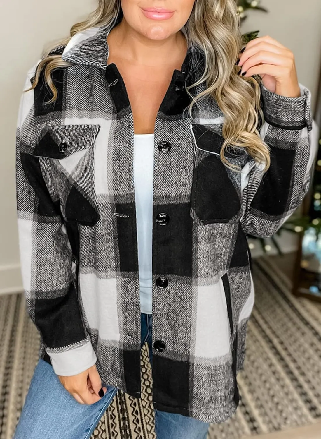 Eytino Womens Plus Size Long Sleeve Button Down Boyfriend Shirts Casual Plaid Shacket Jacket Coats(1X-5X)