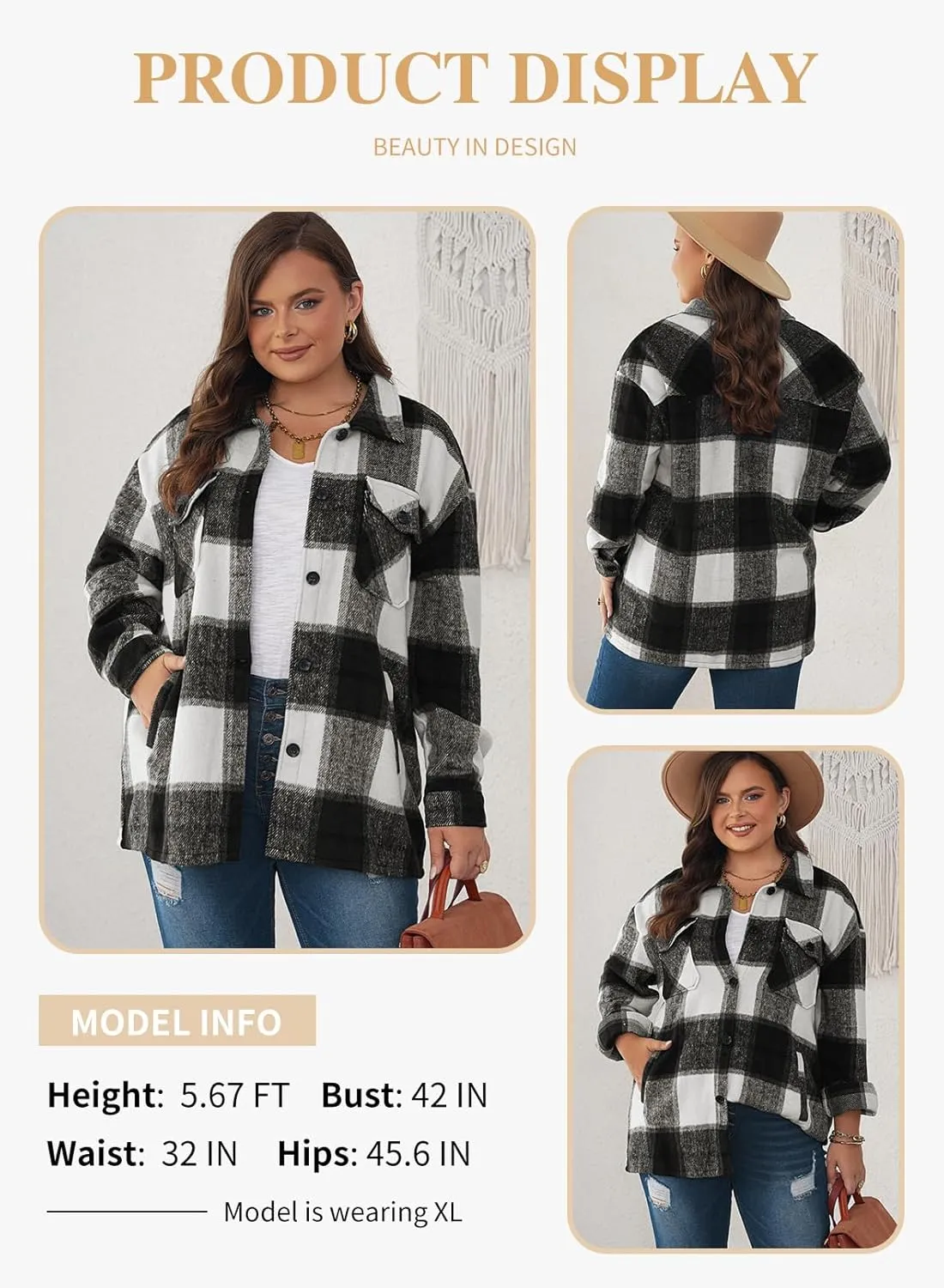 Eytino Womens Plus Size Long Sleeve Button Down Boyfriend Shirts Casual Plaid Shacket Jacket Coats(1X-5X)