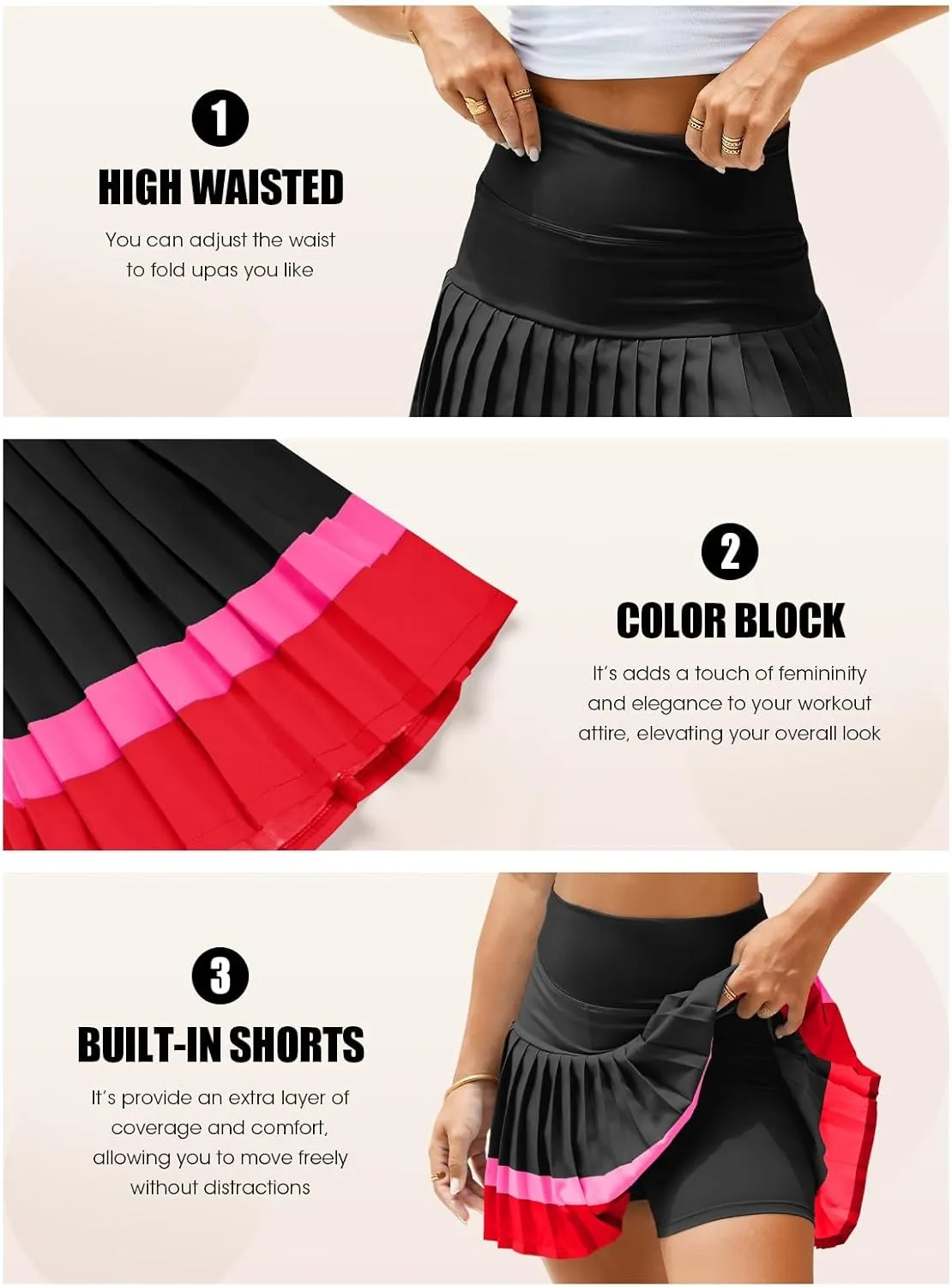Fisoew Women's High Waisted Tennis Skirts Color Block Pleated Athletic Golf Skorts with Built in Shorts