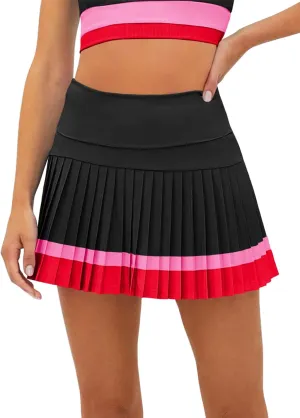 Fisoew Women's High Waisted Tennis Skirts Color Block Pleated Athletic Golf Skorts with Built in Shorts