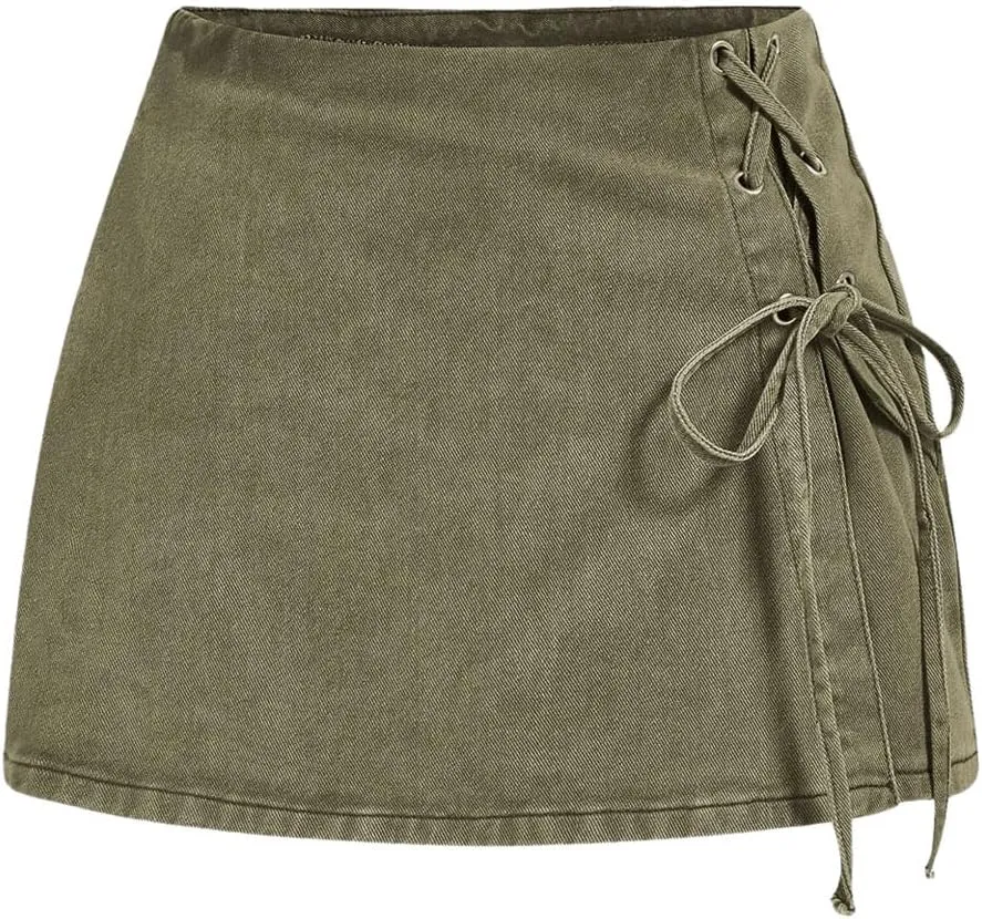 Floerns Women's High Waist Denim Skorts Grommet Eyelet Lace Up Mini Skirt Shorts