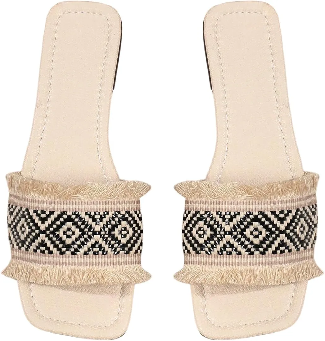 GORGLITTER Women's Fringe Boho Vacation Flat Sandals Braided Square Open Toe Flat ummer Beach Slide Sandals