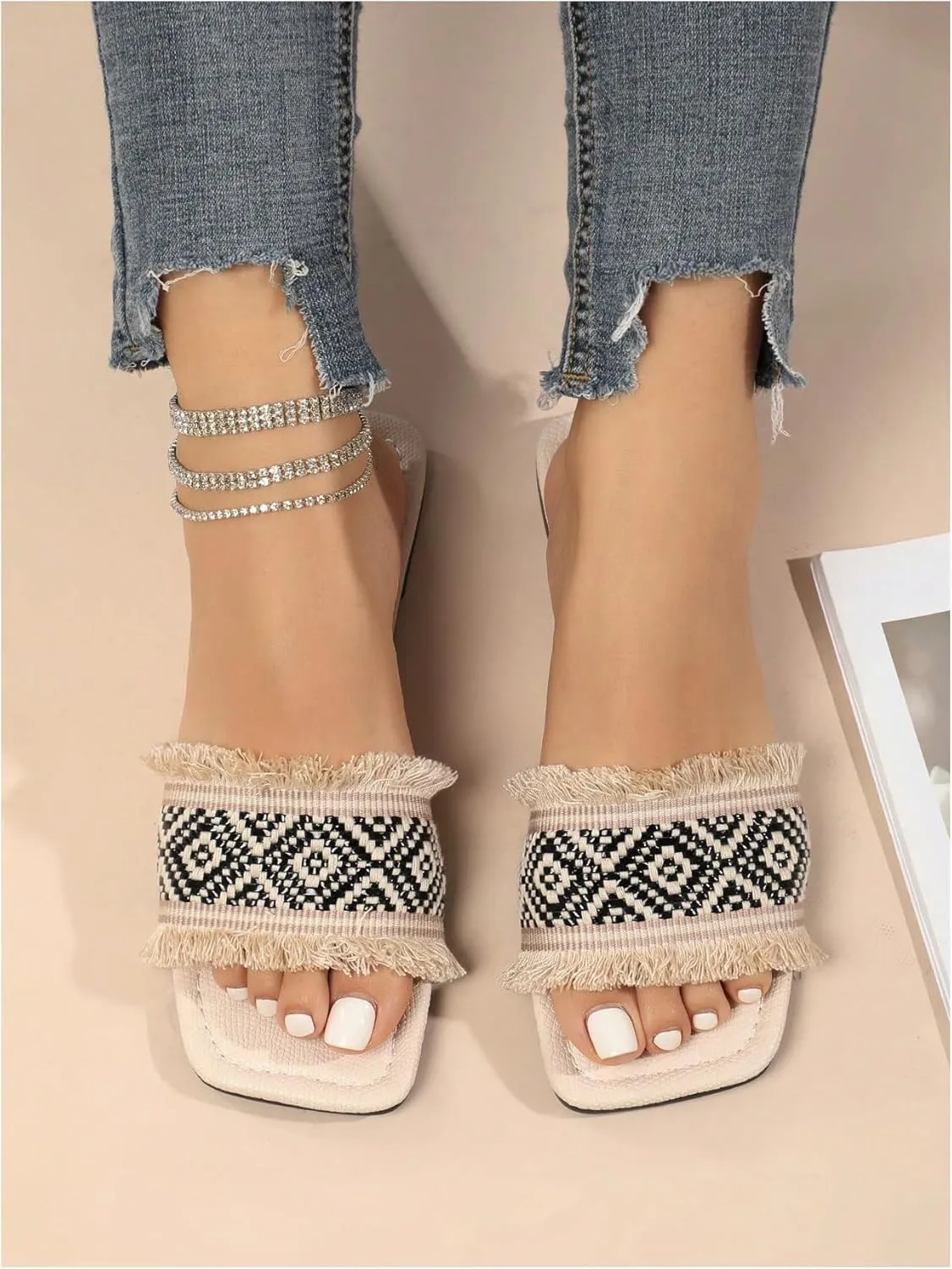 GORGLITTER Women's Fringe Boho Vacation Flat Sandals Braided Square Open Toe Flat ummer Beach Slide Sandals