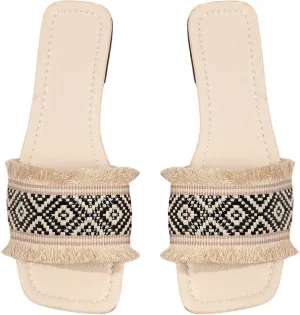 GORGLITTER Women's Fringe Boho Vacation Flat Sandals Braided Square Open Toe Flat ummer Beach Slide Sandals
