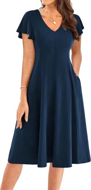 GRACE KARIN Women's Summer Wedding Guest Dresses 2025 Soft Knit Flutter Sleeve Casual Formal Swing Dress with Pocket