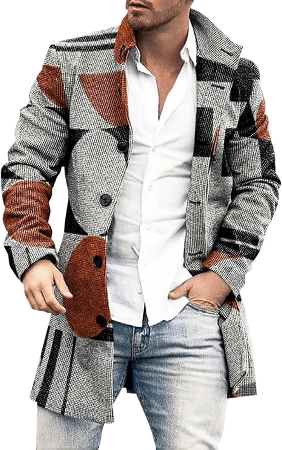 Houndstooth Overcoat for Men Single Breasted Color Block Patchwork Long Coats Hiking Outwear Sport Windbreaker Coats
