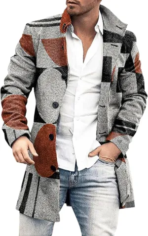 Houndstooth Overcoat for Men Single Breasted Color Block Patchwork Long Coats Hiking Outwear Sport Windbreaker Coats