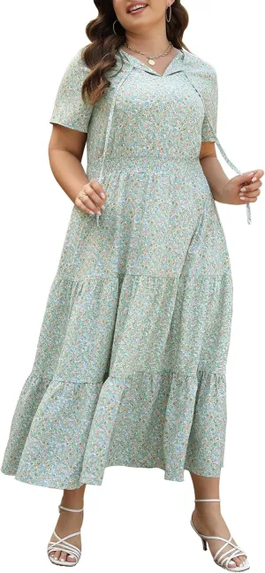 Keluummi Plus Size Summer Maxi Dresses for Curvy Women, Casual Floral A Line Tiered V Neck Dress with Empire Waist, Pockets