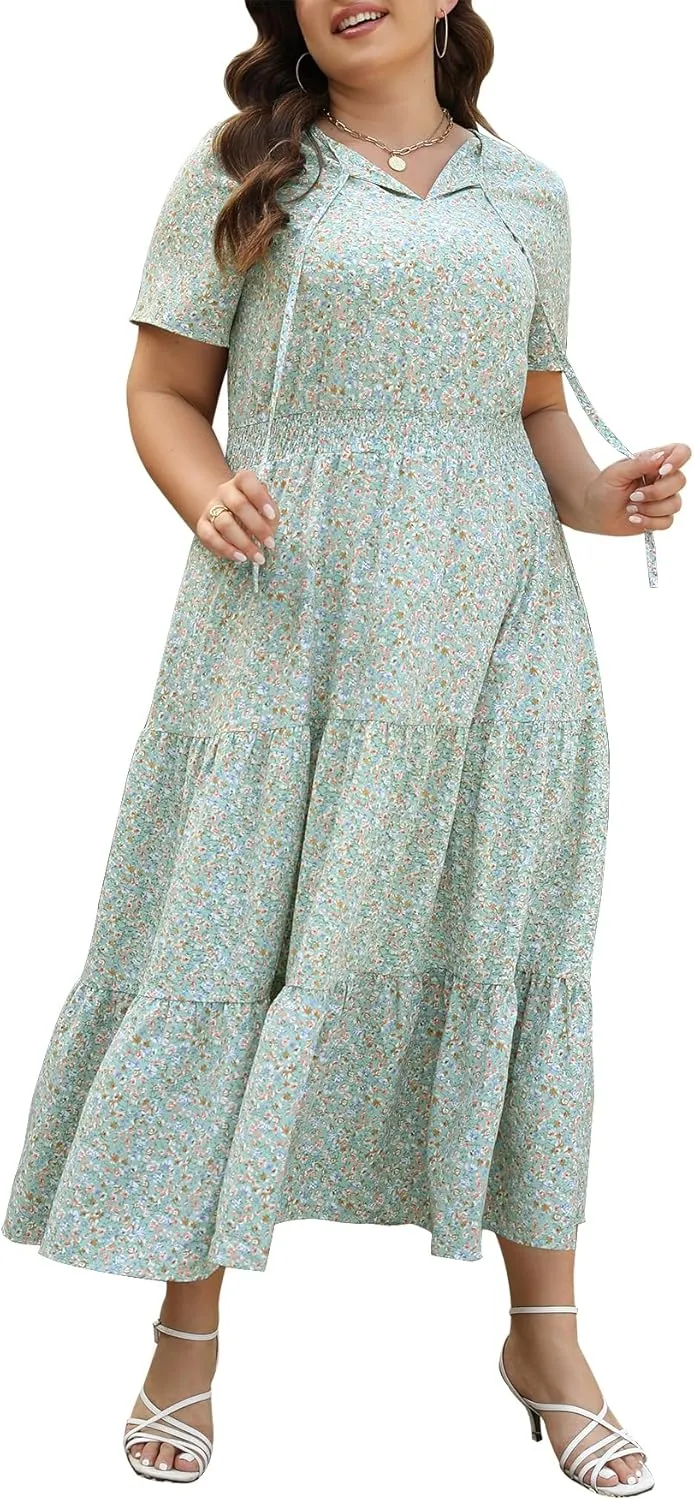 Keluummi Plus Size Summer Maxi Dresses for Curvy Women, Casual Floral A Line Tiered V Neck Dress with Empire Waist, Pockets