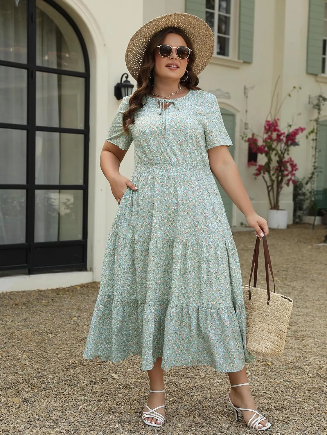 Keluummi Plus Size Summer Maxi Dresses for Curvy Women, Casual Floral A Line Tiered V Neck Dress with Empire Waist, Pockets