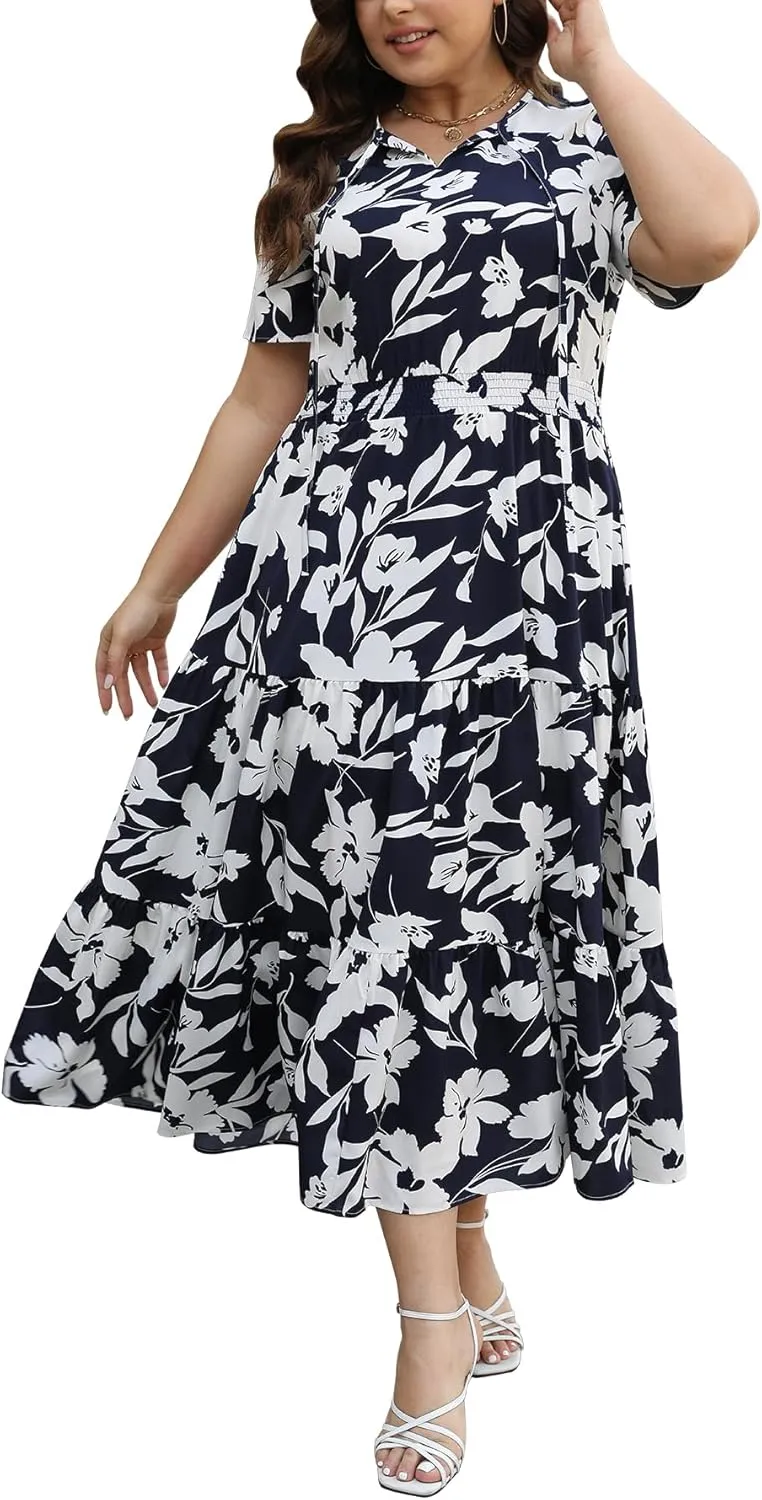 Keluummi Plus Size Summer Maxi Dresses for Curvy Women, Casual Floral A Line Tiered V Neck Dress with Empire Waist, Pockets