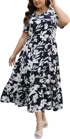 Keluummi Plus Size Summer Maxi Dresses for Curvy Women, Casual Floral A Line Tiered V Neck Dress with Empire Waist, Pockets