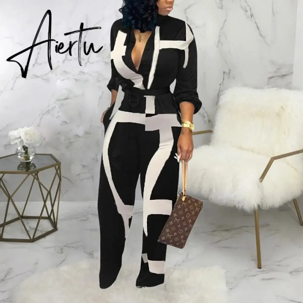 Leopard Tied Waist Long Sleeve Jumpsuit Women Rompers Fashion One Piece Overalls Casual Jumpsuits Streetwear Dropshipping