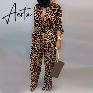 Leopard Tied Waist Long Sleeve Jumpsuit Women Rompers Fashion One Piece Overalls Casual Jumpsuits Streetwear Dropshipping
