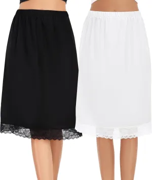Lovasy 2 Pieces Half Slips for Women Long Underskirt Satin Slip Dress with Floral Lace Trim Slips for Skirts Dresses S-3XL