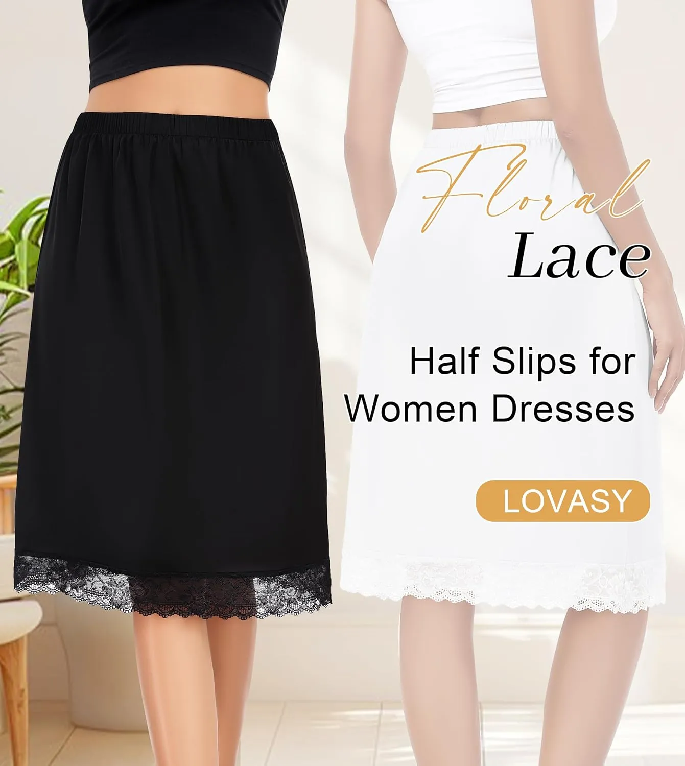 Lovasy 2 Pieces Half Slips for Women Long Underskirt Satin Slip Dress with Floral Lace Trim Slips for Skirts Dresses S-3XL