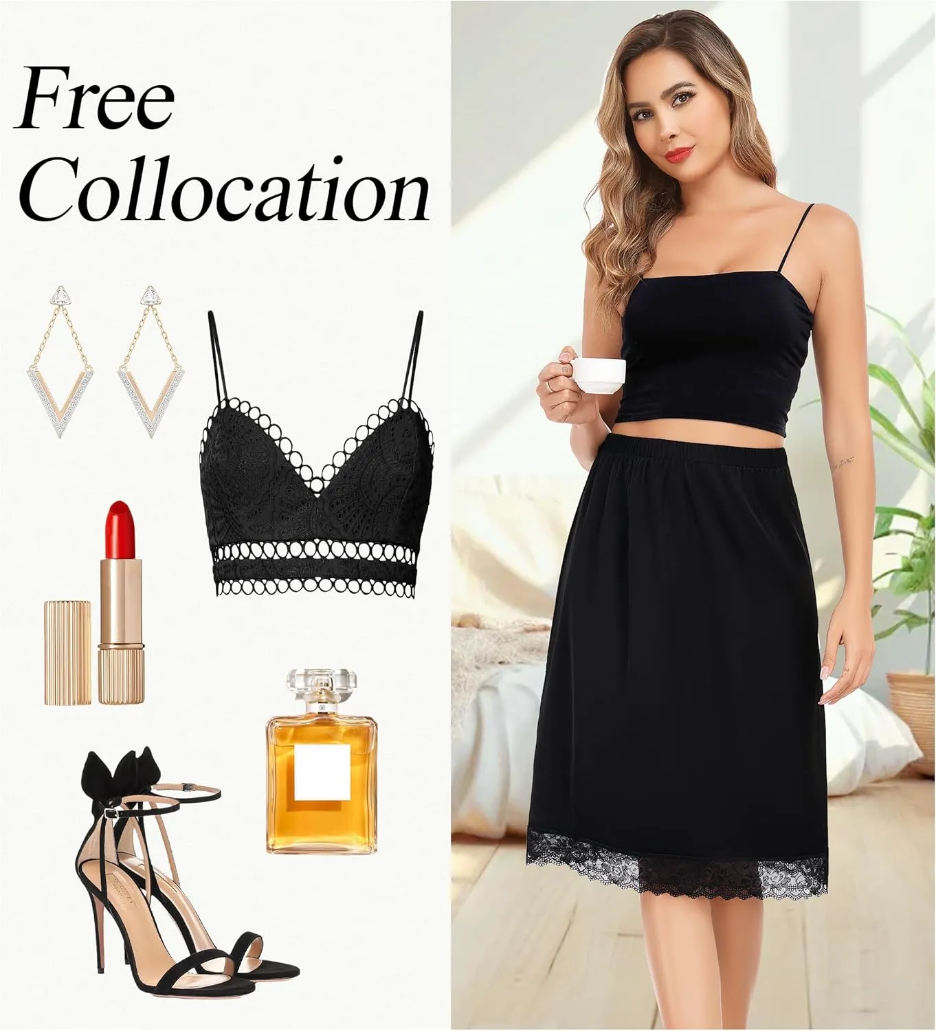 Lovasy 2 Pieces Half Slips for Women Long Underskirt Satin Slip Dress with Floral Lace Trim Slips for Skirts Dresses S-3XL